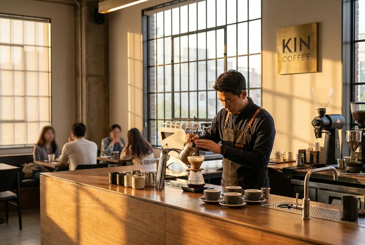 Barista at work in a sunlit speciality café