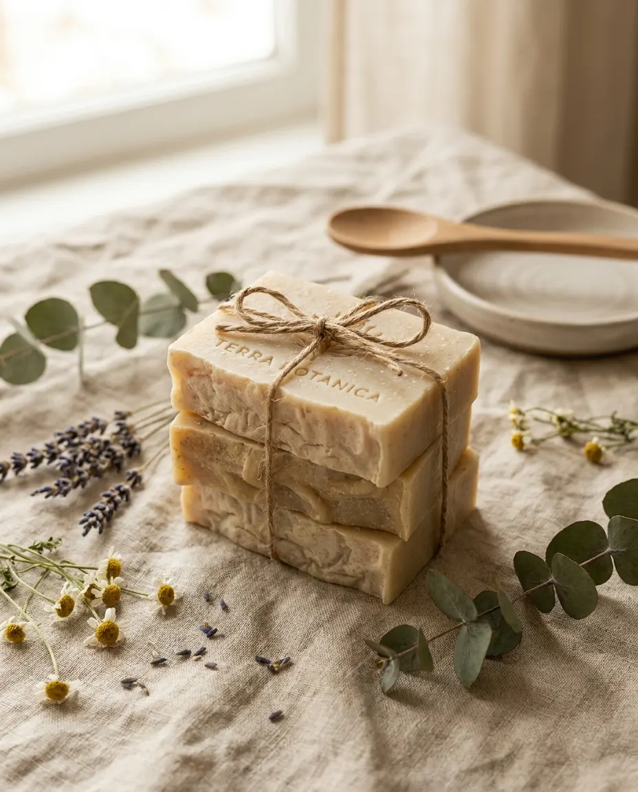 Artisan soap bars styled with dried botanicals