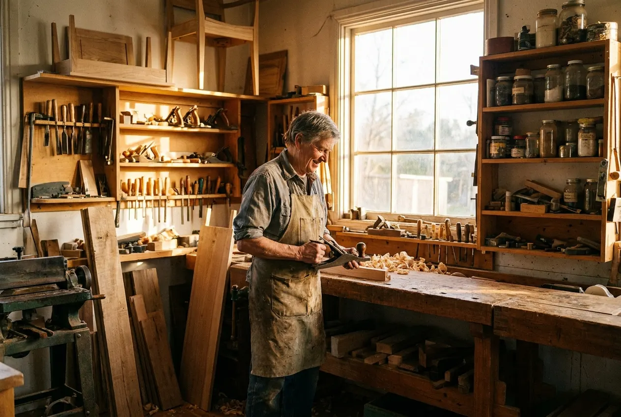 Environmental portrait of a woodworker in the workshop