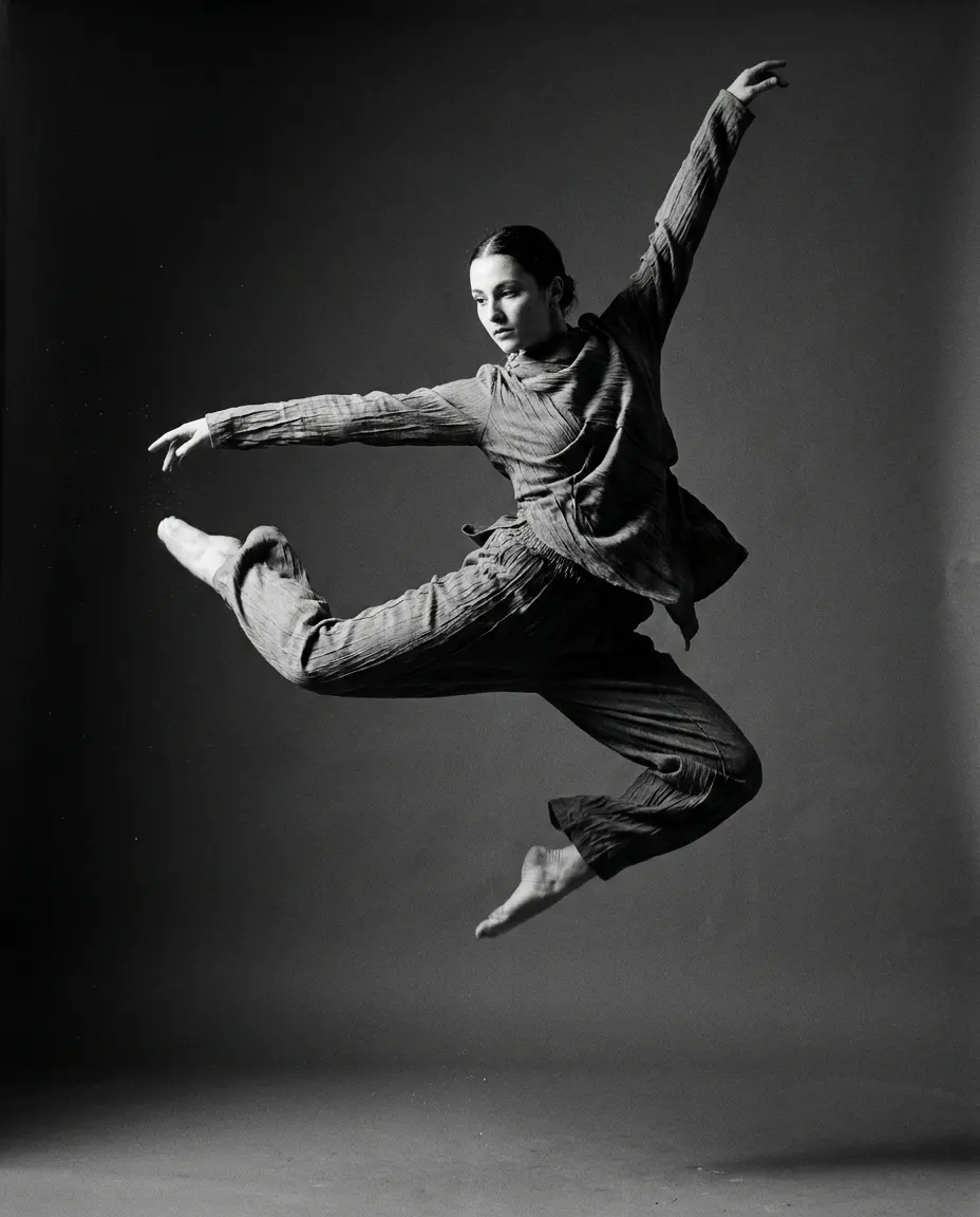 Black-and-white portrait of a dancer in motion