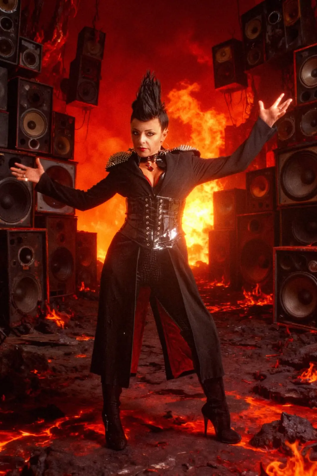 Vocalist with mohawk posed against a wall of flames and speaker stacks